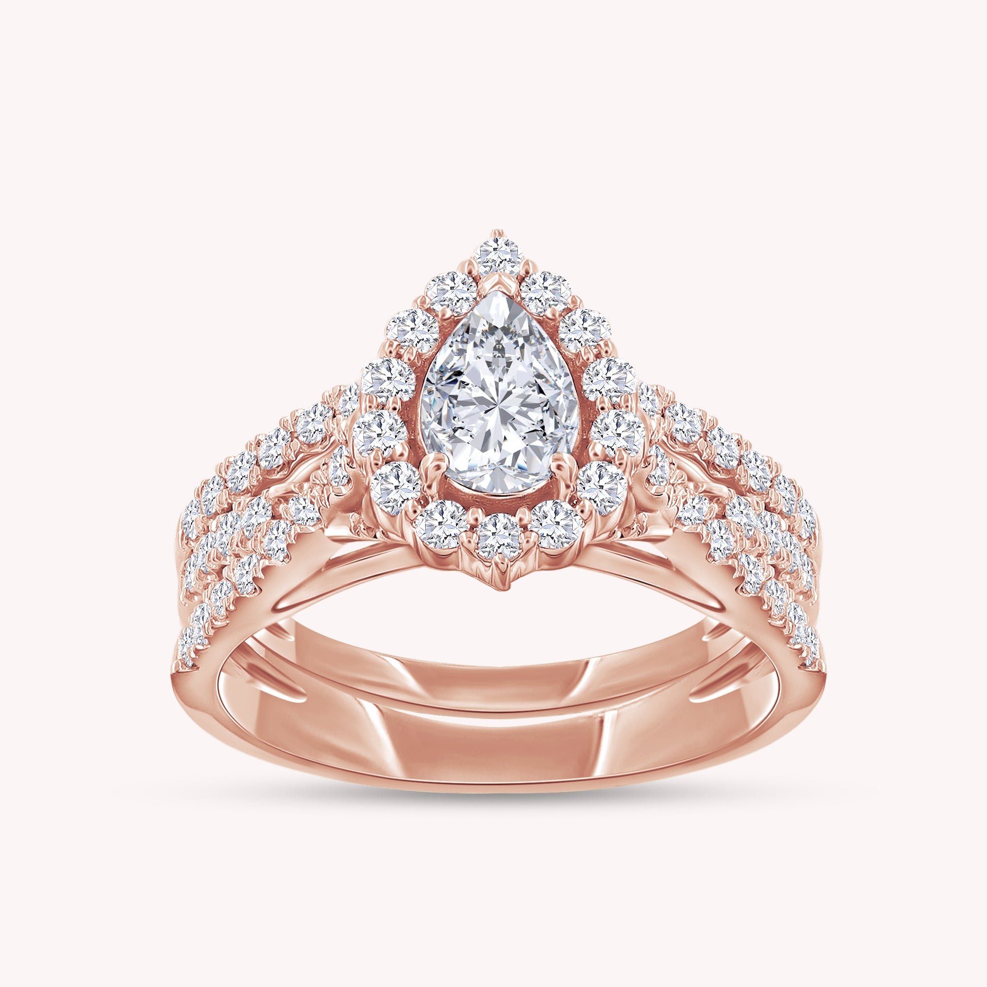 Pear & Round Shape Lab Grown Diamond Halo Engagement Bridal Set Ring - 1.00 CTW