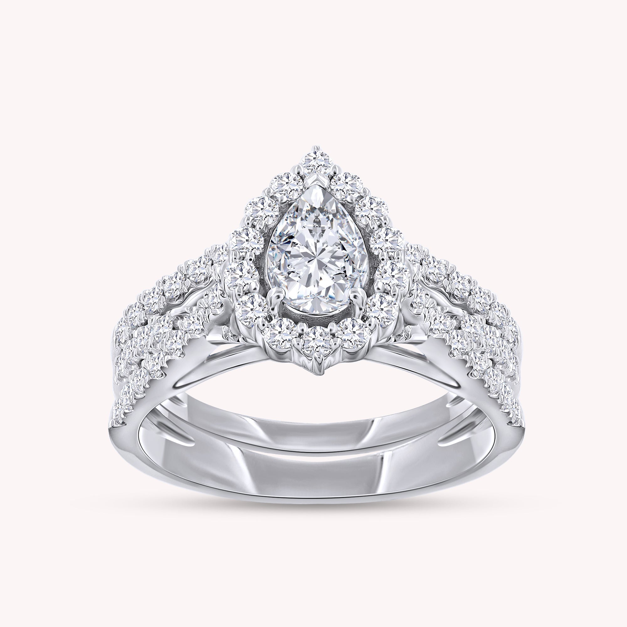 Pear & Round Shape Lab Grown Diamond Halo Engagement Bridal Set Ring - 1.00 CTW