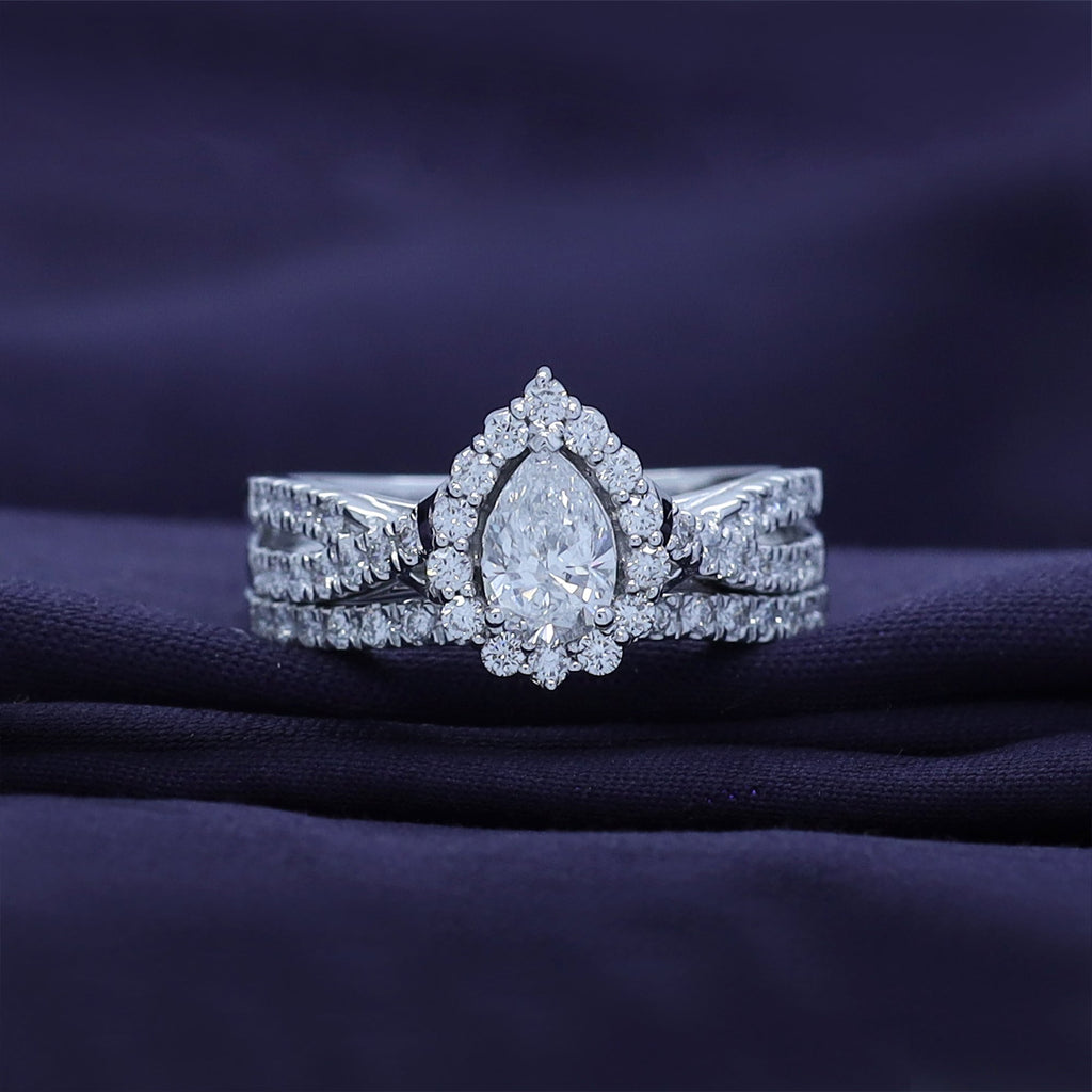Pear & Round Shape Lab Grown Diamond Halo Engagement Bridal Set Ring - 1.00 CTW