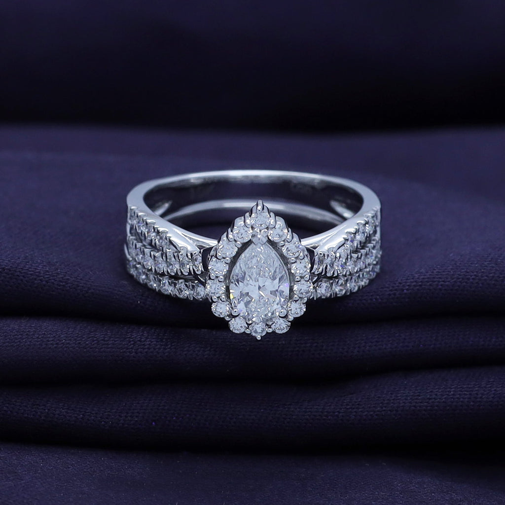 Pear & Round Shape Lab Grown Diamond Halo Engagement Bridal Set Ring - 1.00 CTW