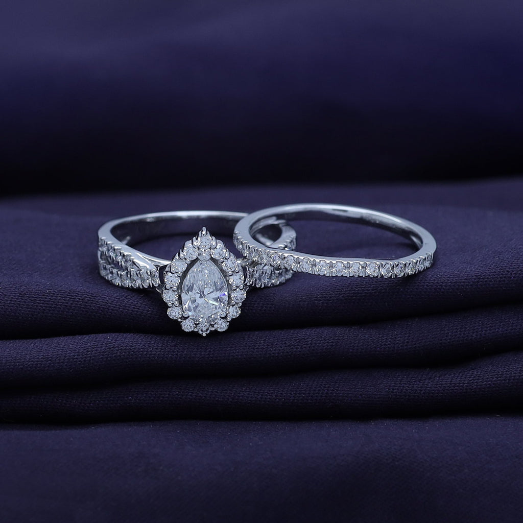 Pear & Round Shape Lab Grown Diamond Halo Engagement Bridal Set Ring - 1.00 CTW