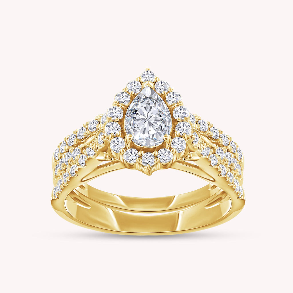 Pear & Round Shape Lab Grown Diamond Halo Engagement Bridal Set Ring - 1.00 CTW