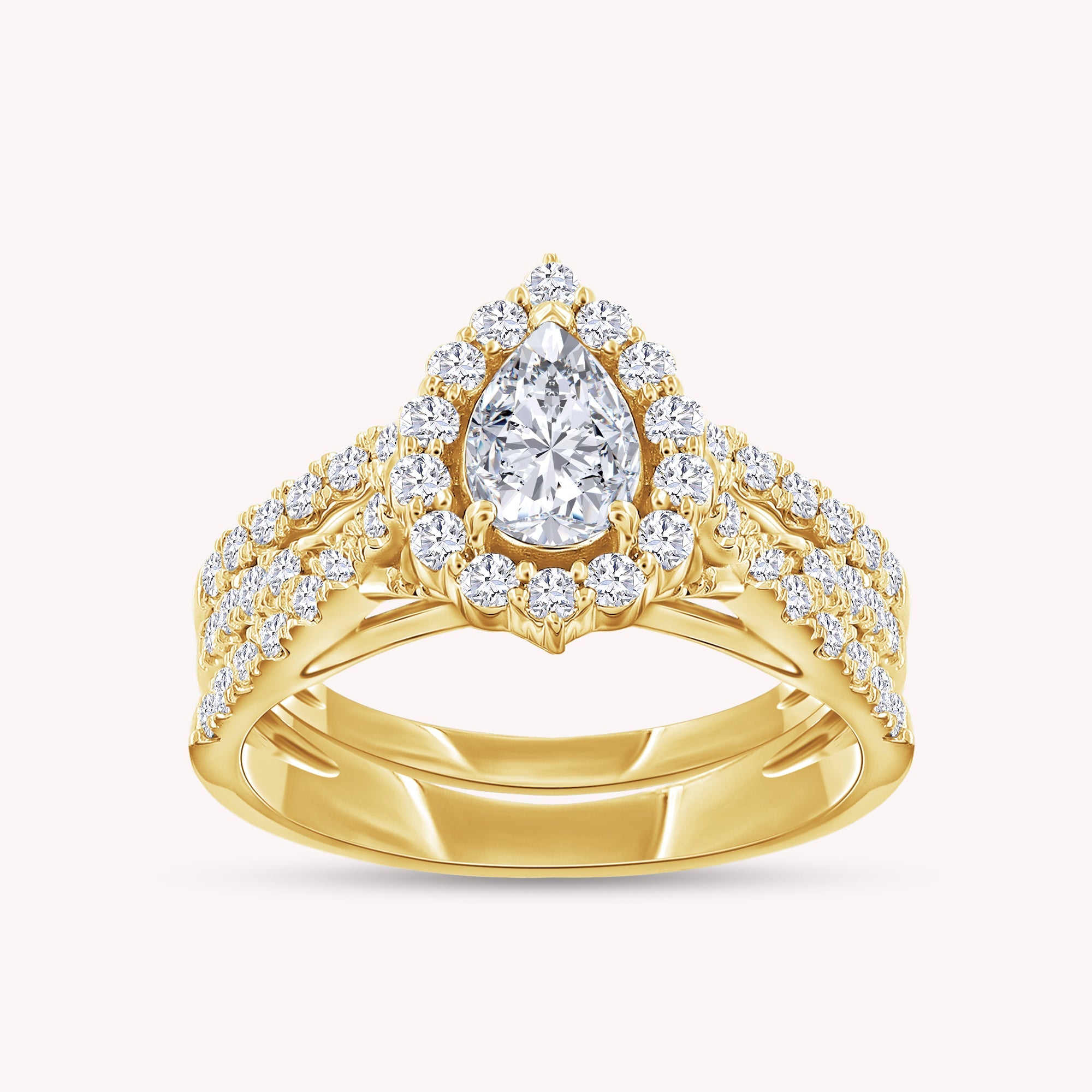 Pear & Round Shape Lab Grown Diamond Halo Engagement Bridal Set Ring - 1.00 CTW