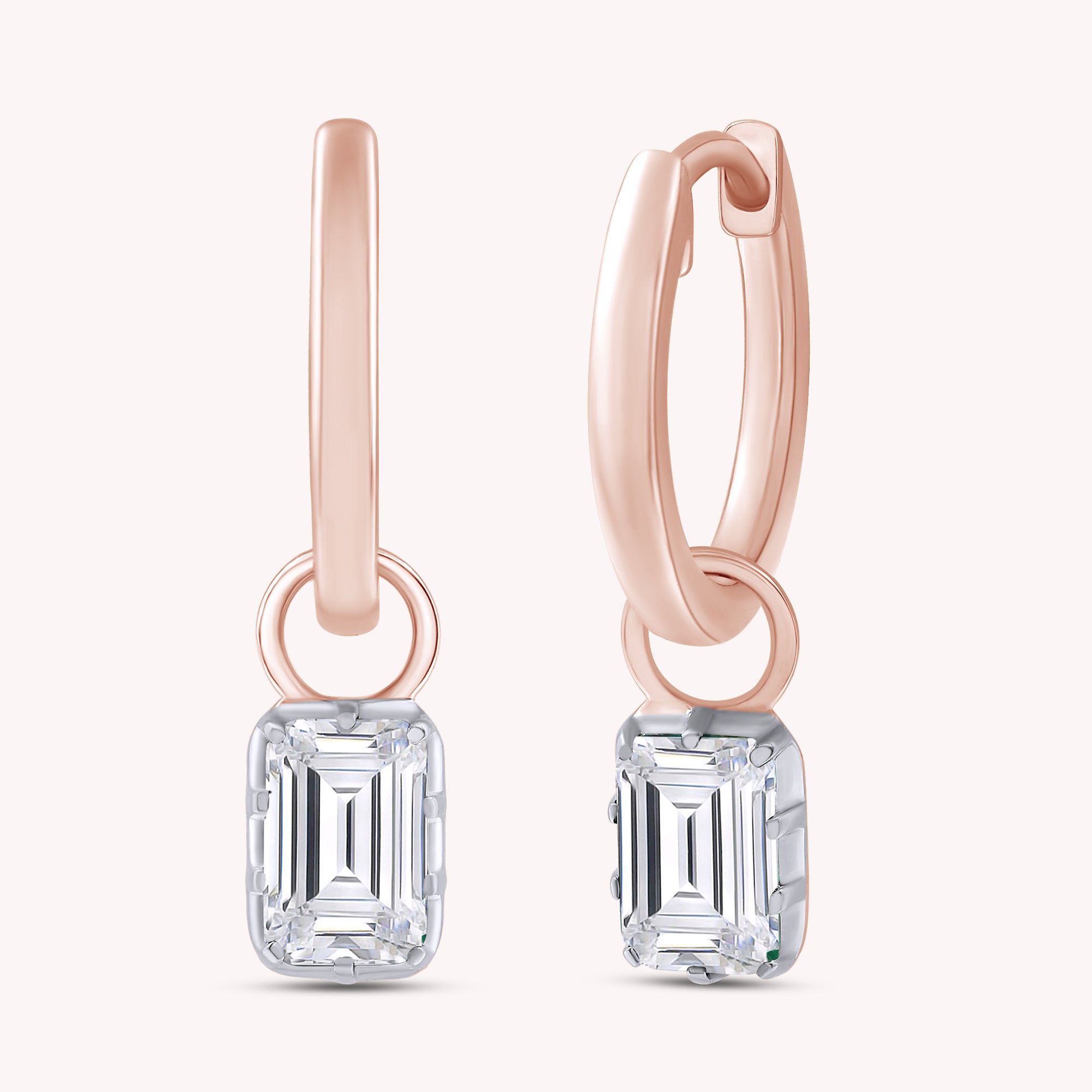 Emerald Cut Lab Grown Diamond Two Tone Drop Huggie Hoop Earrings