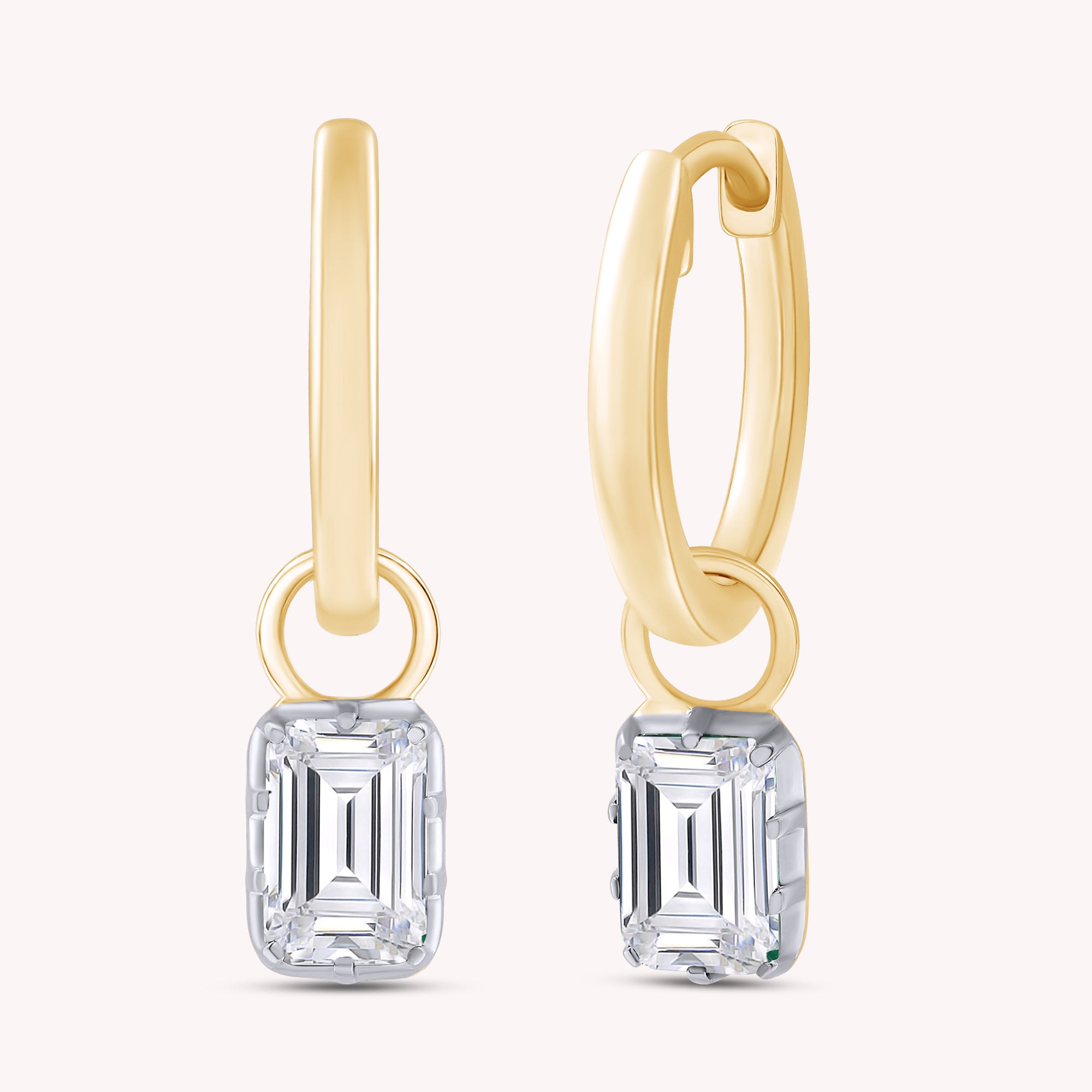 Emerald Cut Lab Grown Diamond Two Tone Drop Huggie Hoop Earrings