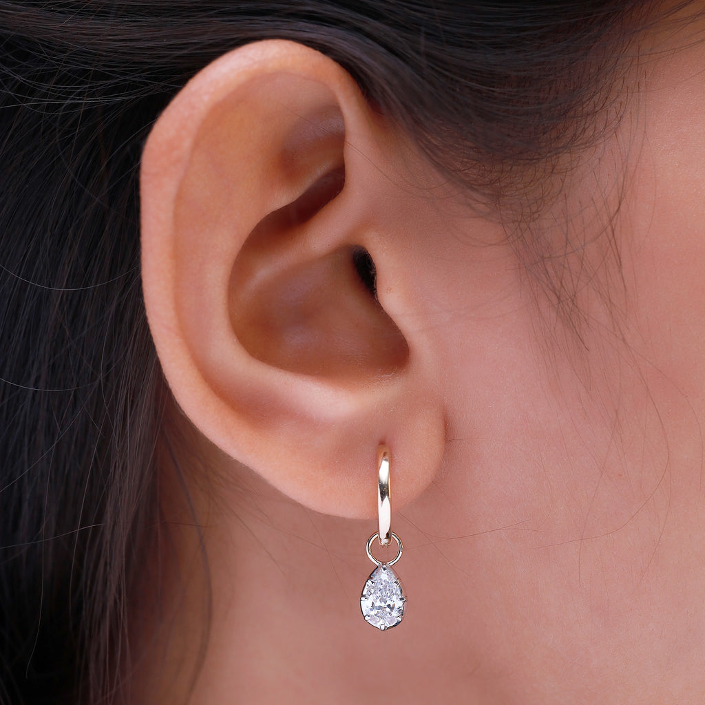 Pear Shape Lab Grown Diamond Two Tone Drop Huggie Hoop Earrings