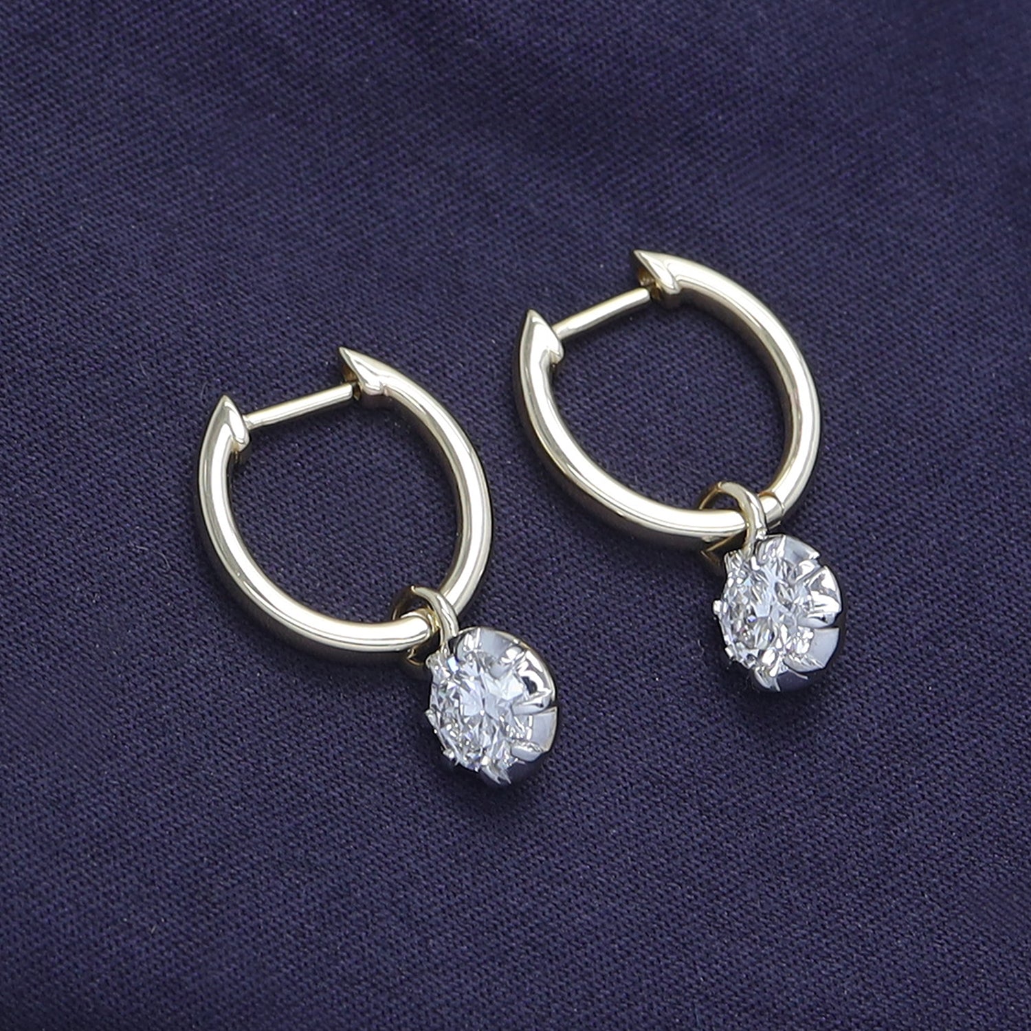 Huggie Earrings For Women, Round Shape Lab Grown Diamond Two Tone Huggie Earring