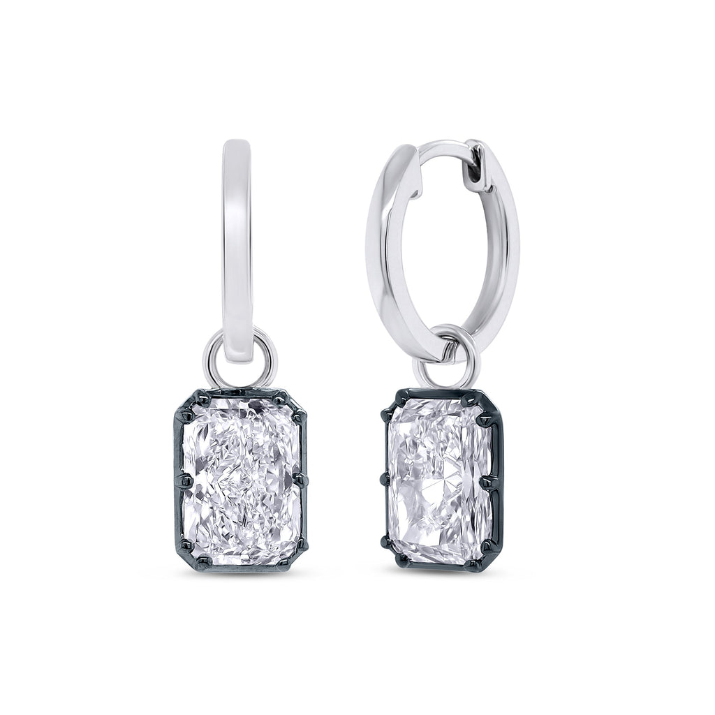 Huggie Earrings For Women, Emerald Shape Lab Grown Diamond Two Tone Huggie Earring