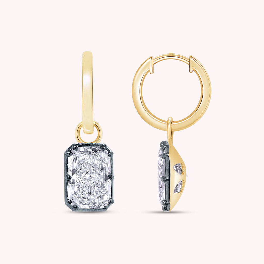 Huggie Earrings For Women, Emerald Shape Lab Grown Diamond Two Tone Huggie Earring