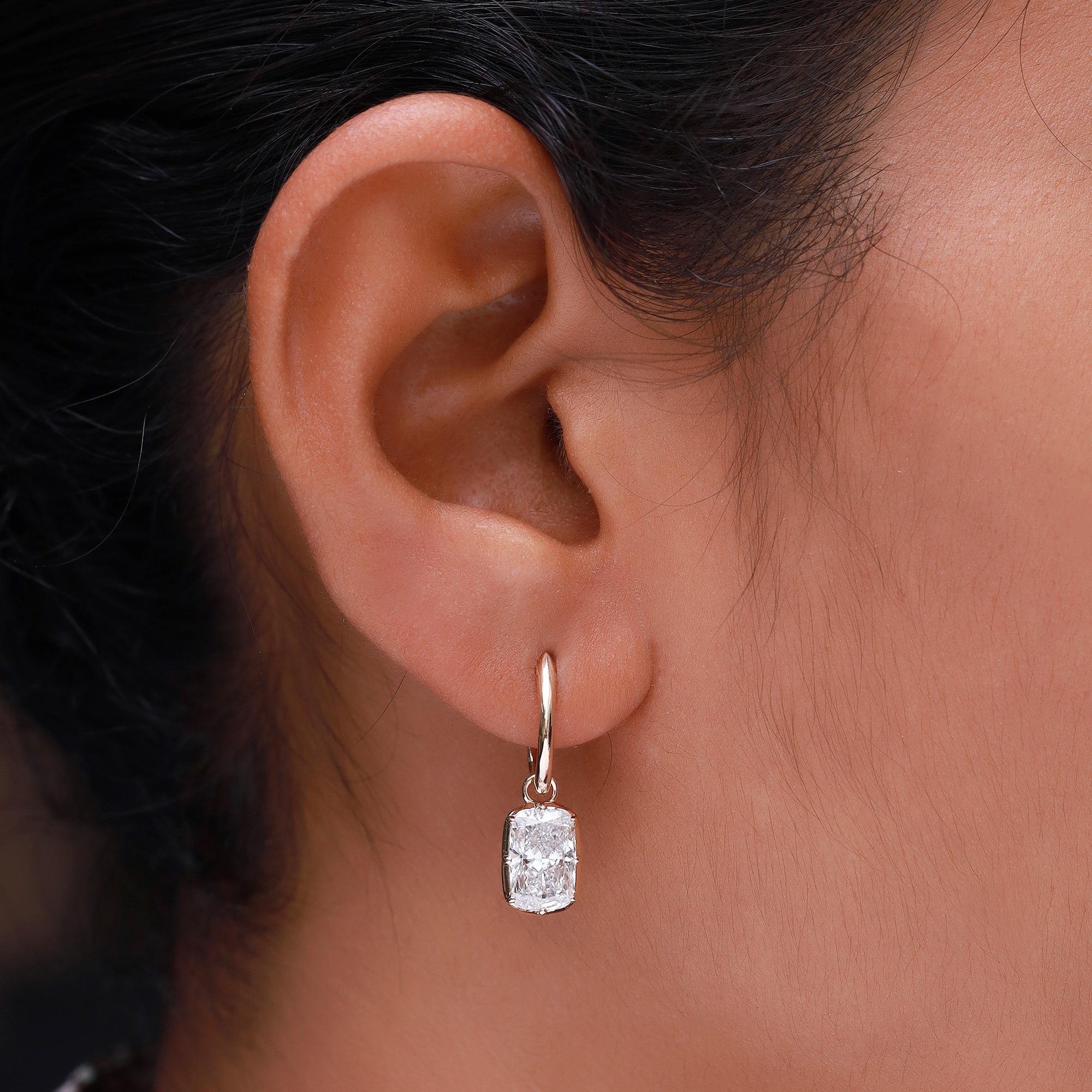 Huggie Earrings For Women, Cushion Shape Lab Grown Diamond Two Tone Huggie Earring