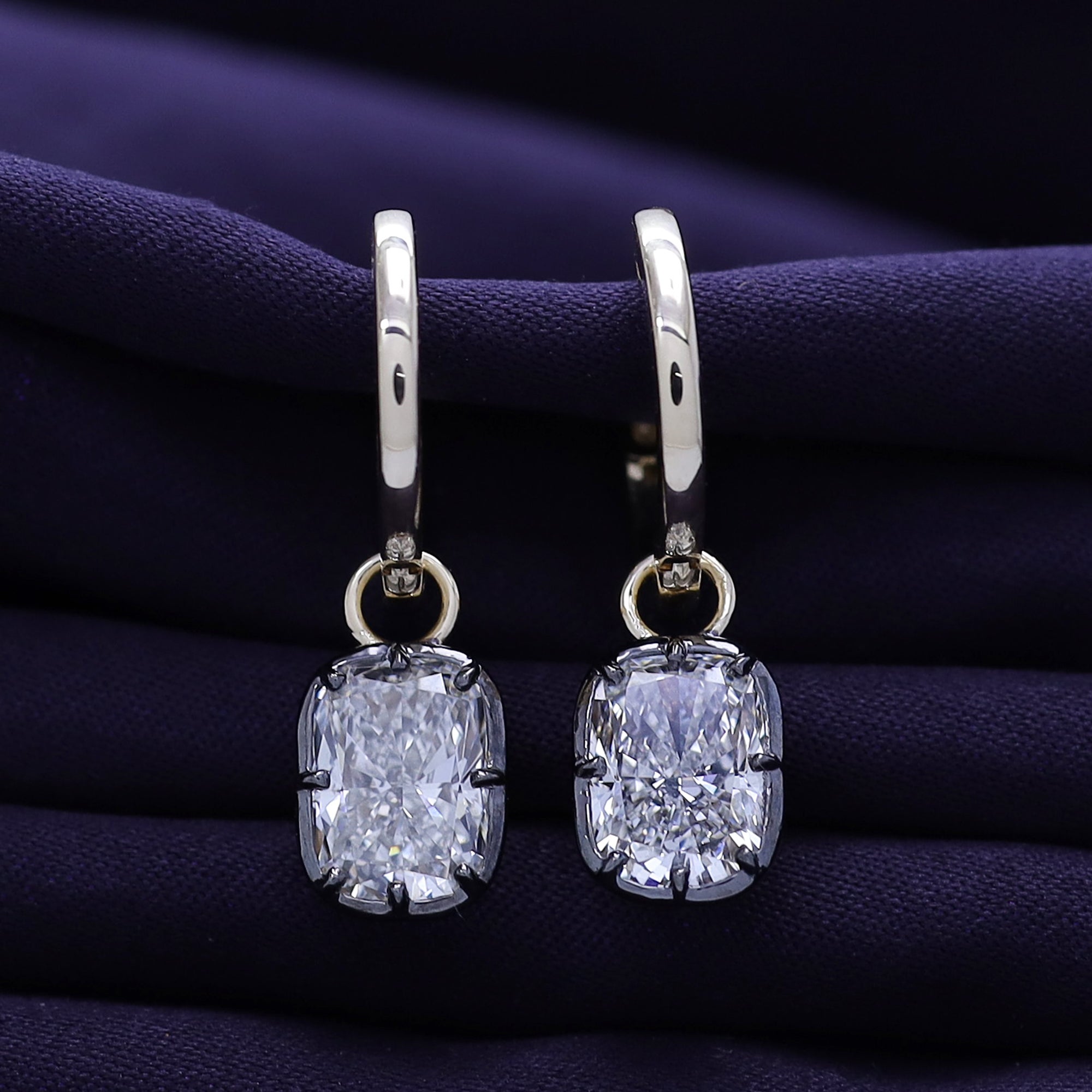 Huggie Earrings For Women, Cushion Shape Lab Grown Diamond Two Tone Huggie Earring