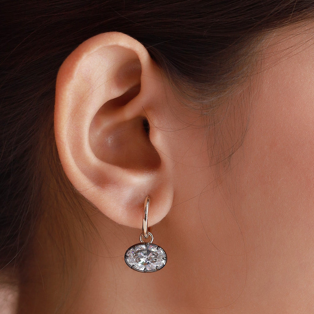 Huggie Earrings For Women, Oval Shape Lab Grown Diamond Two Tone Huggie Earring