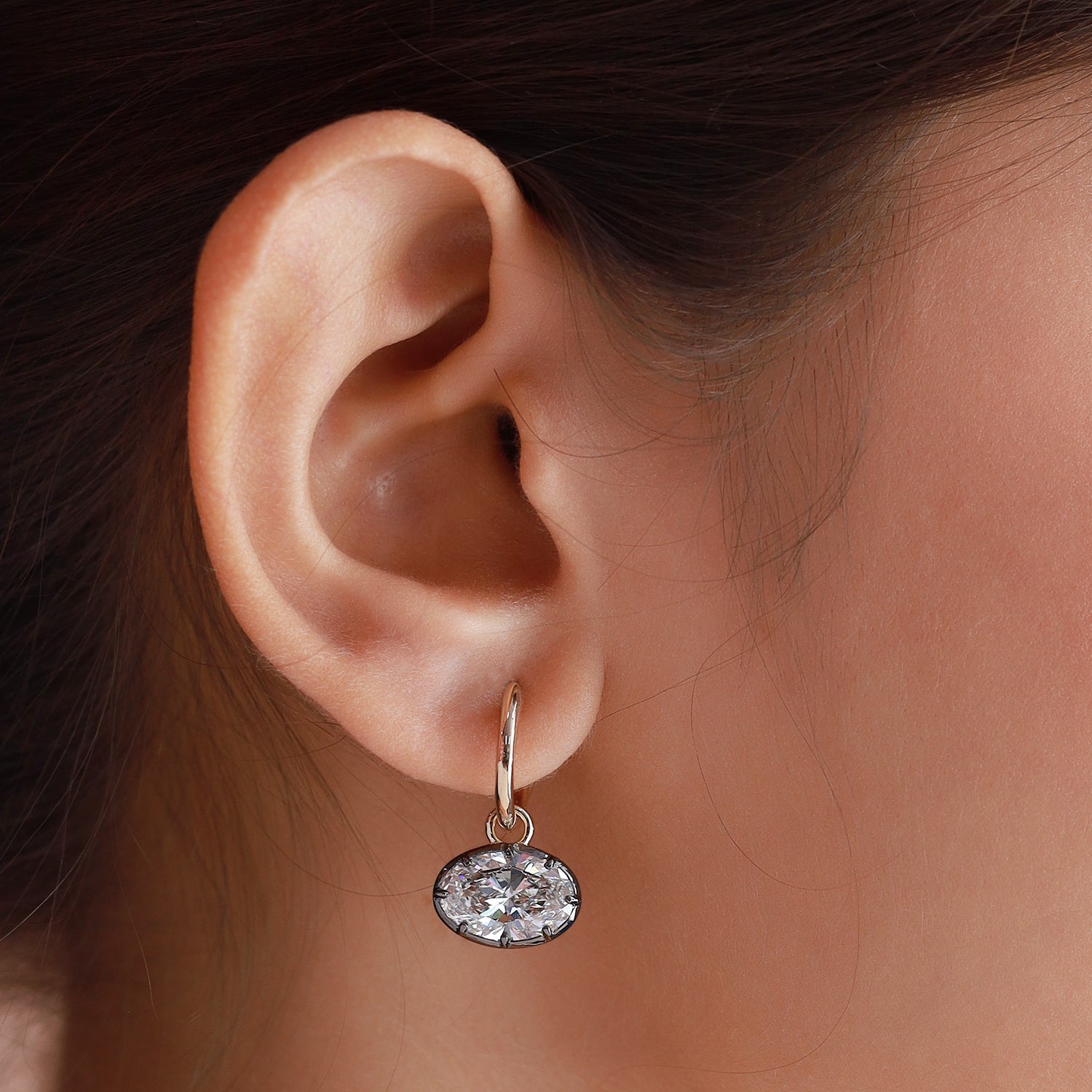 Huggie Earrings For Women, Oval Shape Lab Grown Diamond Two Tone Huggie Earring