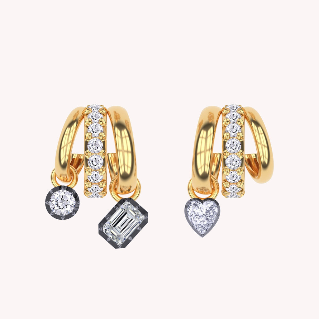 Dangling Earrings For Women, Multi Shape Lab Grown Diamond Two Tone 3 Row Dangling Earring