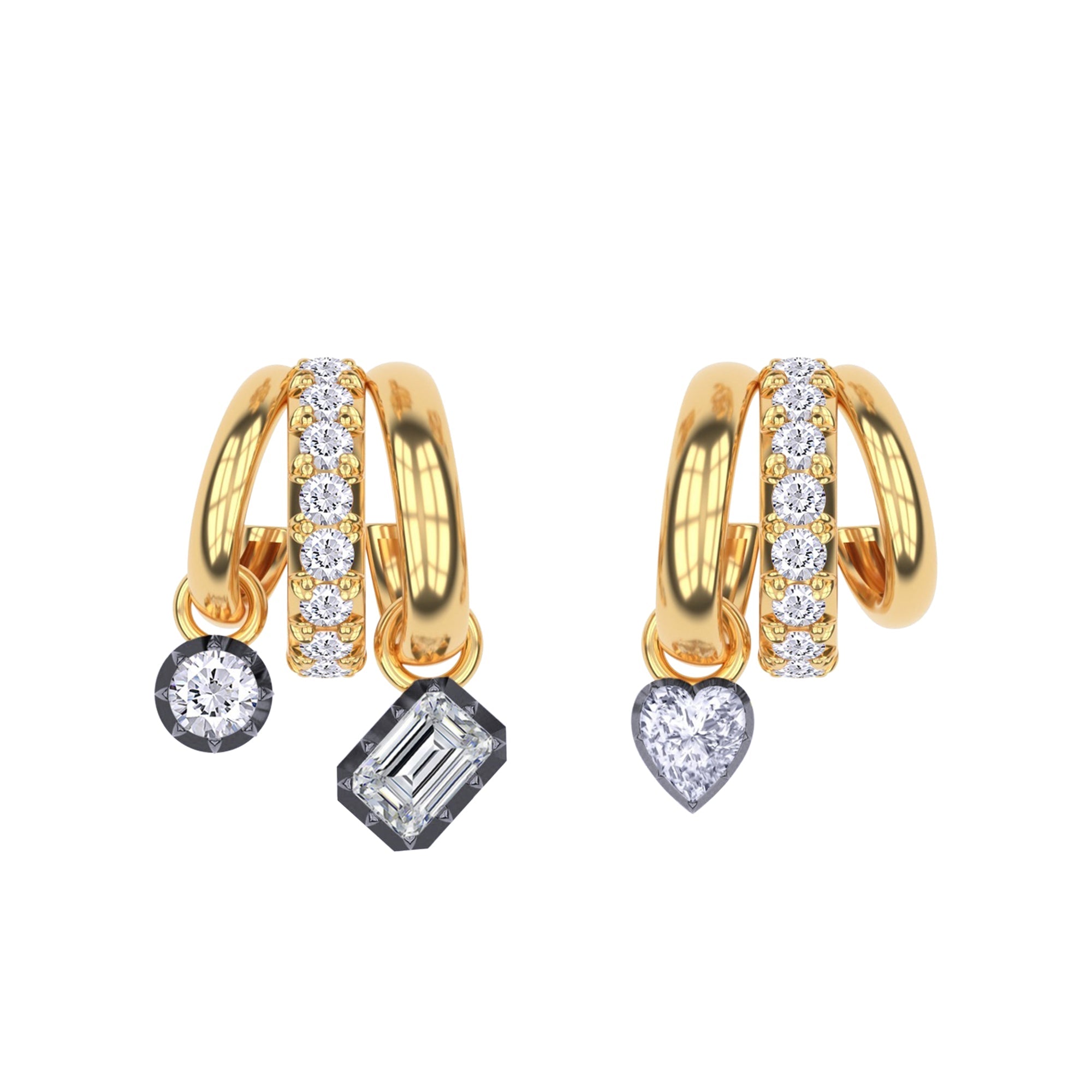 Dangling Earrings For Women, Multi Shape Lab Grown Diamond Two Tone 3 Row Dangling Earring