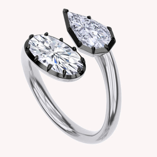 Bypass Ring for Women, Pear and Oval Shape Lab Grown Two Tone Toi et Moi Rings