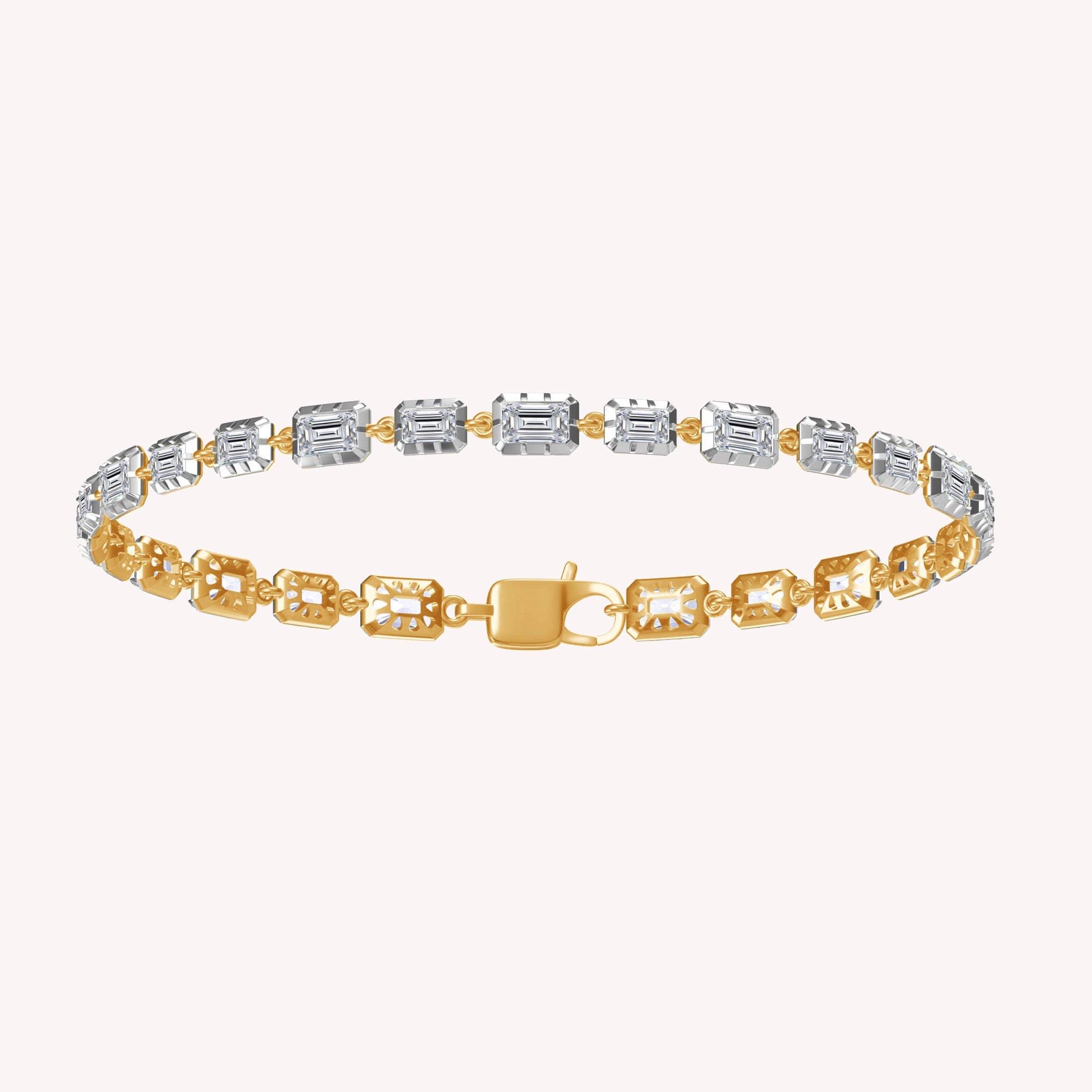 Emerald Shape Lab Grown Diamond Two Tone Tennis Link chain Bracelet - 3.25 CTTW