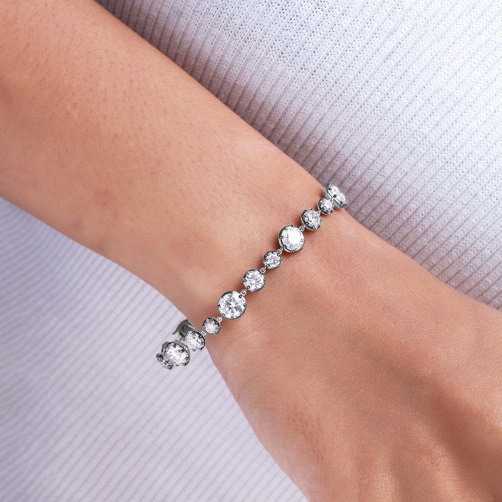 Round Shape Lab Grown Diamond Two Tone Georgian Victorian Style Tennis Link Chain Bracelet - 10.95 CTTW