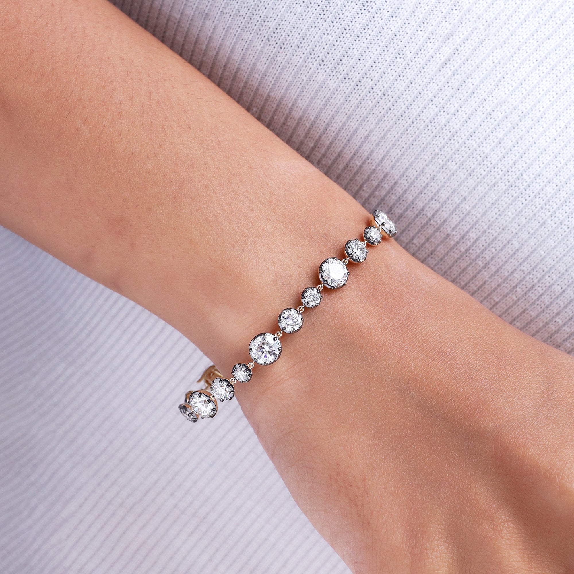 Round Shape Lab Grown Diamond Two Tone Georgian Victorian Style Tennis Link Chain Bracelet - 10.95 CTTW