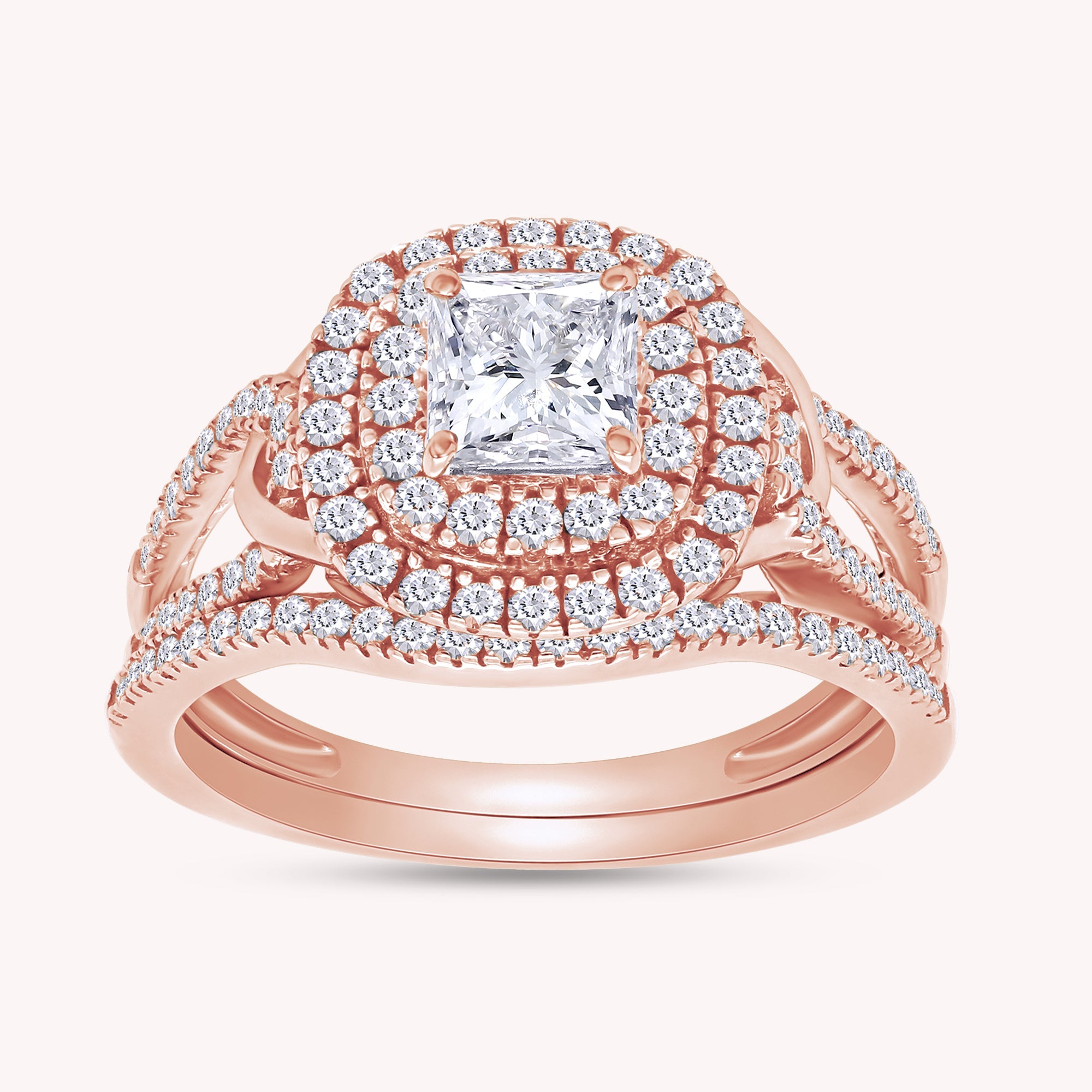 Princess and Round Cut Lab Grown Diamond Double Halo Split Shank Bridal Set Ring - 1.00 CTW