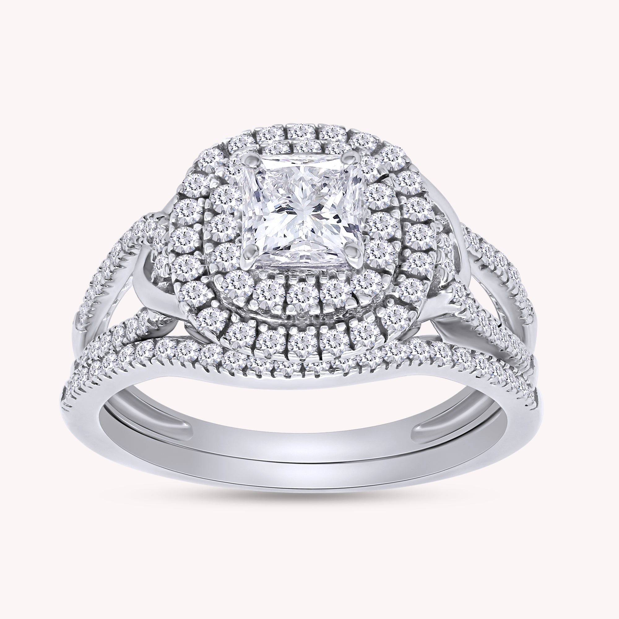 Princess and Round Cut Lab Grown Diamond Double Halo Split Shank Bridal Set Ring - 1.00 CTW