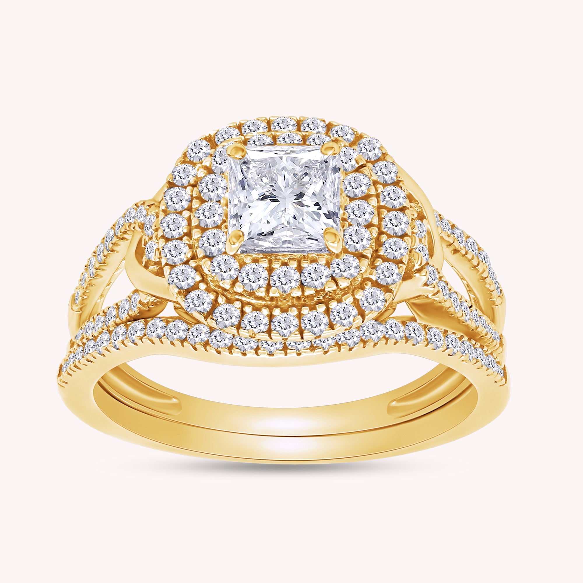 Princess and Round Cut Lab Grown Diamond Double Halo Split Shank Bridal Set Ring - 1.00 CTW
