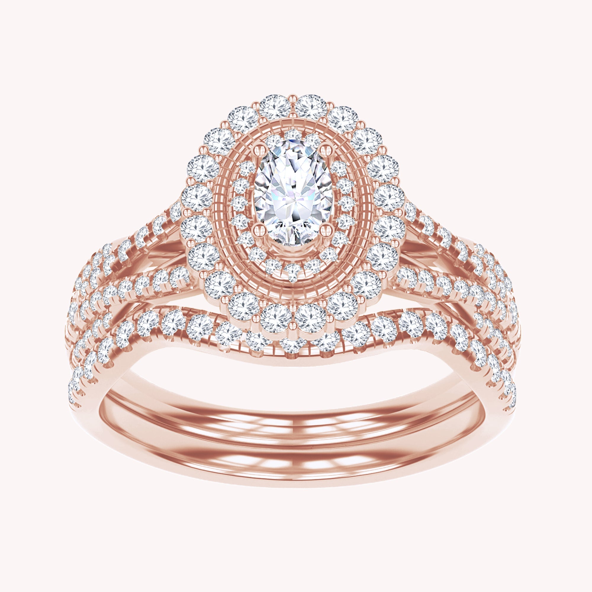 Oval and Round Lab Grown Diamond Halo Split Shank Bridal Set Ring - 1.00 CTW