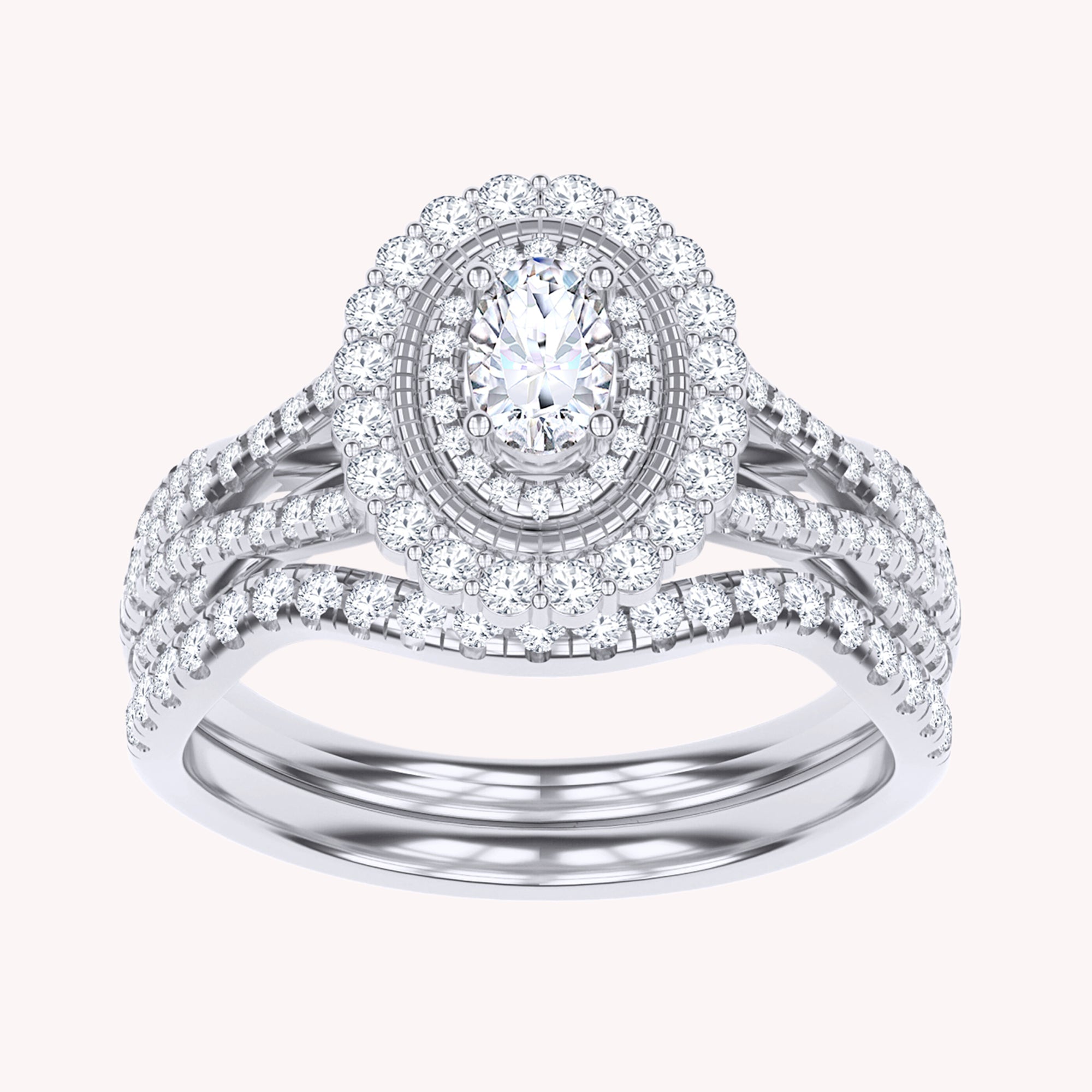 Oval and Round Lab Grown Diamond Halo Split Shank Bridal Set Ring - 1.00 CTW