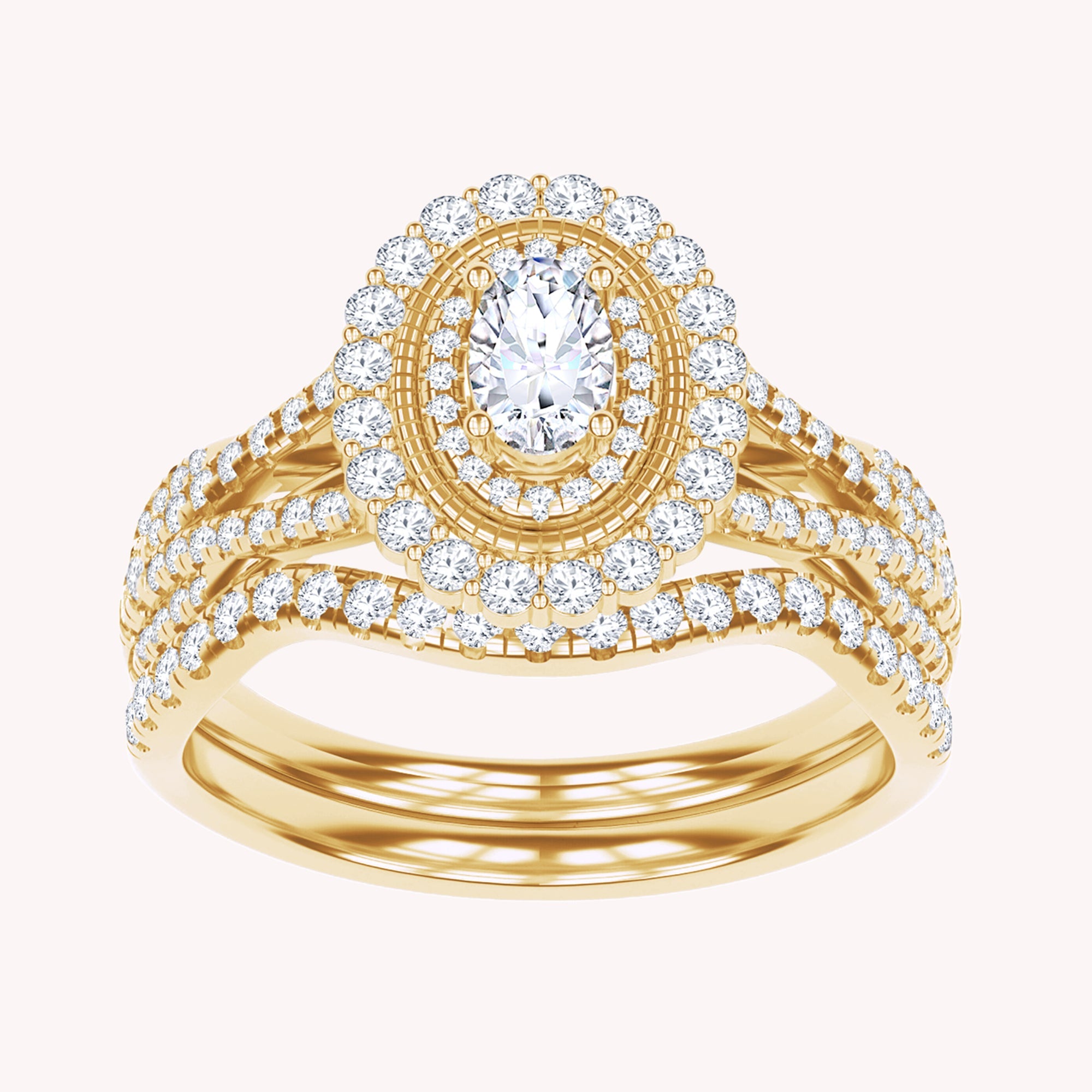 Oval and Round Lab Grown Diamond Halo Split Shank Bridal Set Ring - 1.00 CTW