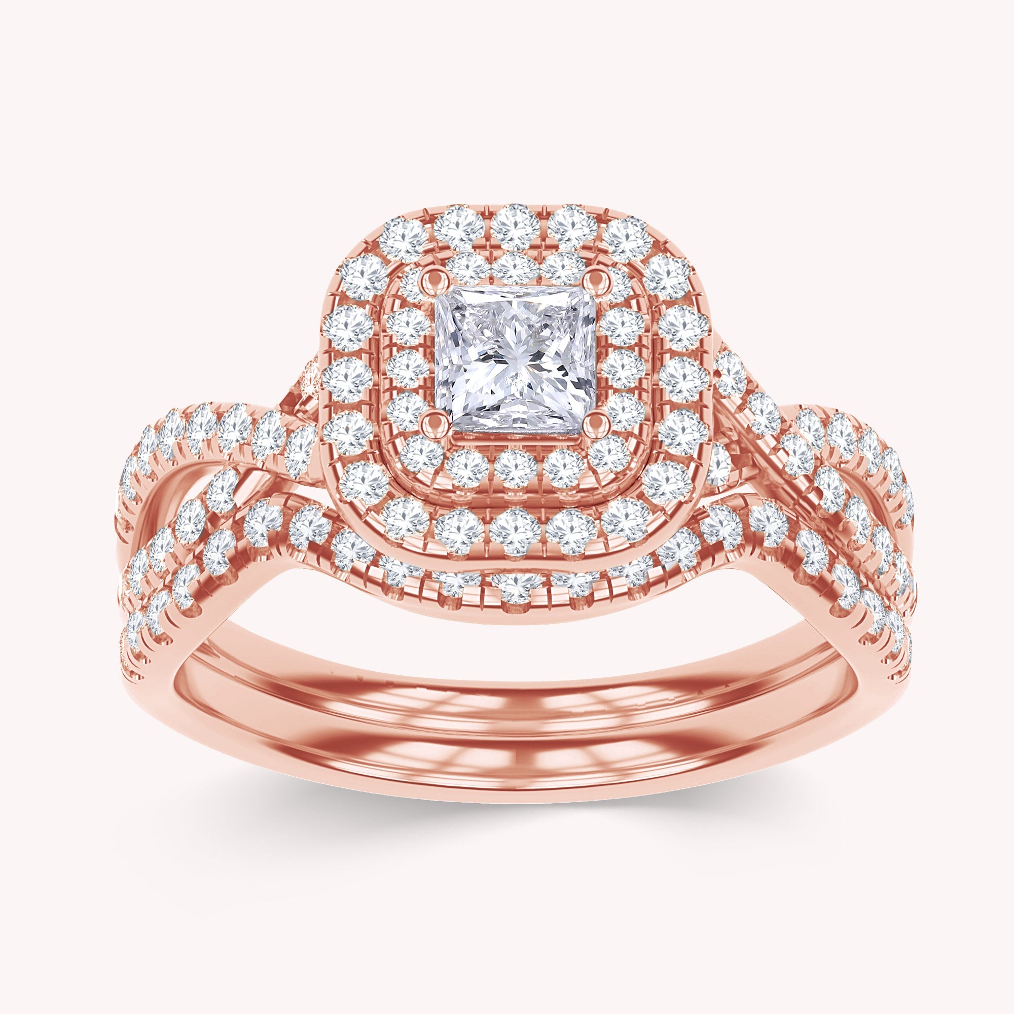 Princess & Round Shape Lab Grown Diamond Twisted Shank Bridal Set Ring - 1.00 CTW