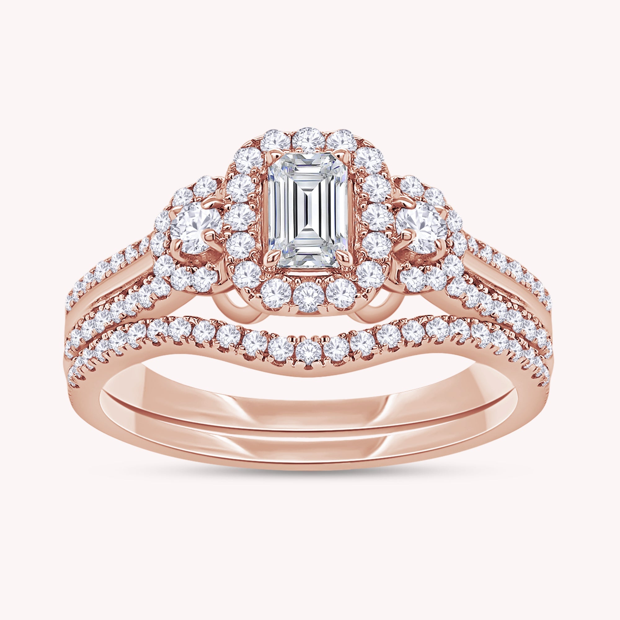 Emerald & Round Shape Lab Grown Diamond Three Stone Halo Engagement Wedding Ring - 1.00 CTW