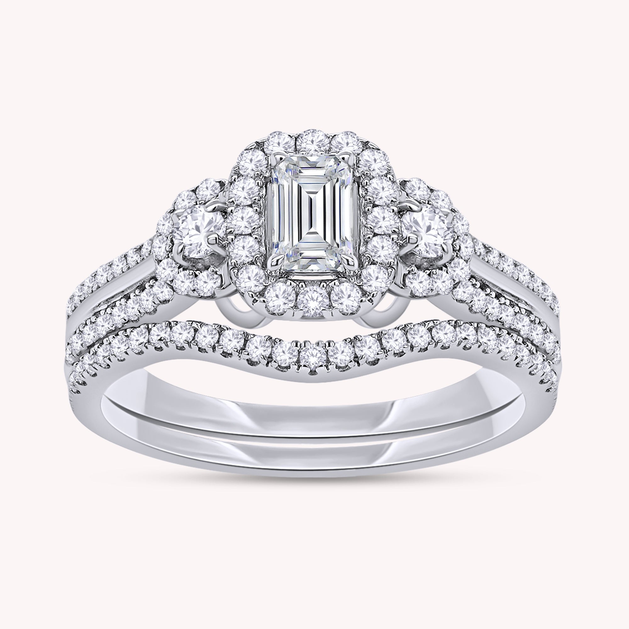 Emerald & Round Shape Lab Grown Diamond Three Stone Halo Engagement Wedding Ring - 1.00 CTW