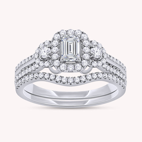 Emerald & Round Shape Lab Grown Diamond Three Stone Halo Engagement Wedding Ring - 1.00 CTW