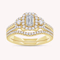 Emerald & Round Shape Lab Grown Diamond Three Stone Halo Engagement Wedding Ring - 1.00 CTW