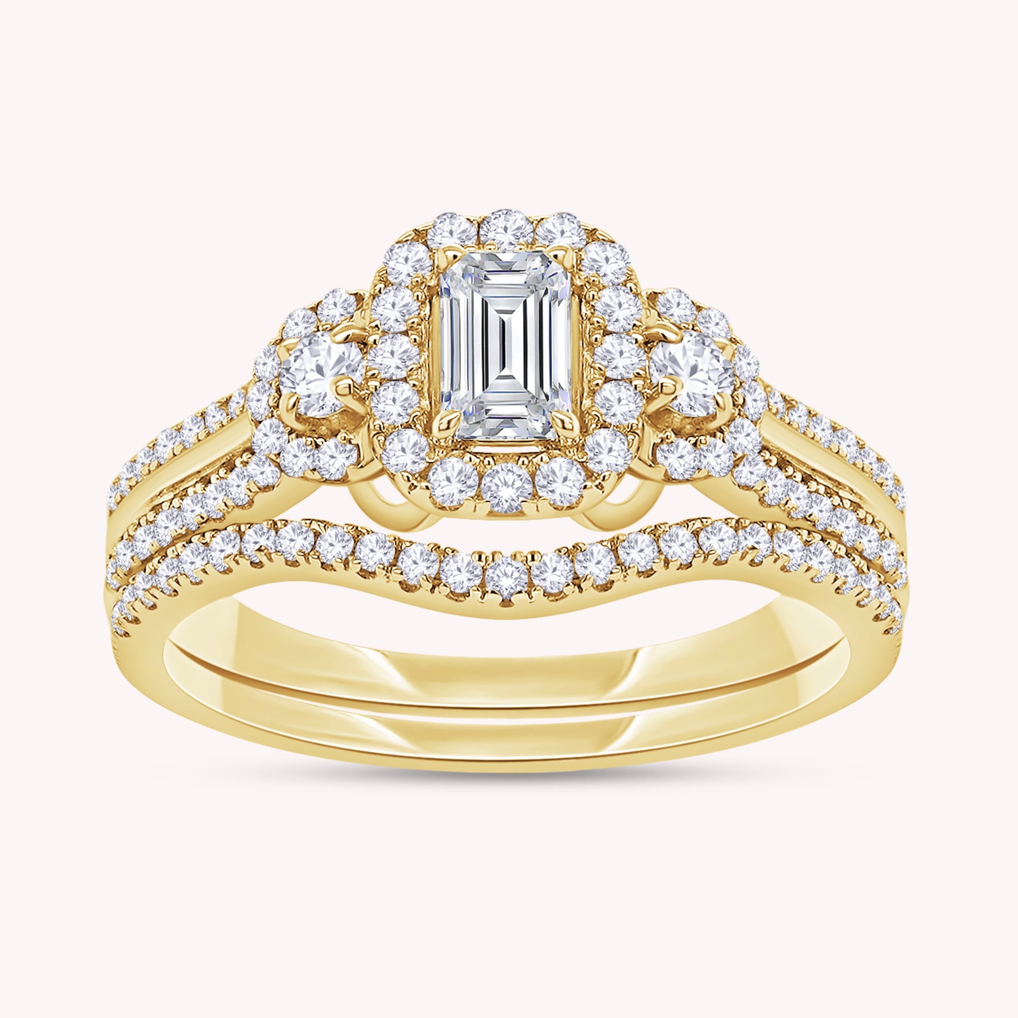 Emerald & Round Shape Lab Grown Diamond Three Stone Halo Engagement Wedding Ring - 1.00 CTW