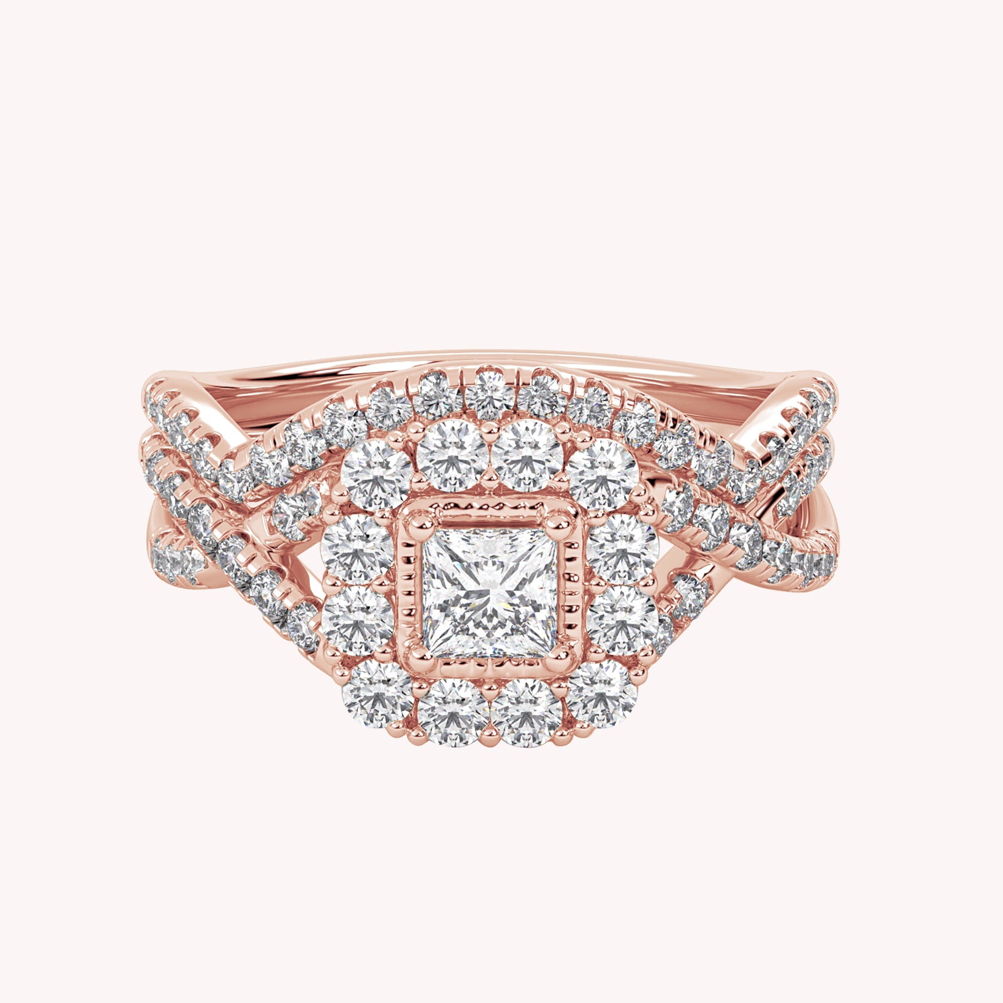 Princess and Round Lab Grown Diamond Three Stone Halo Bridal Set Ring - 1.00 CTW