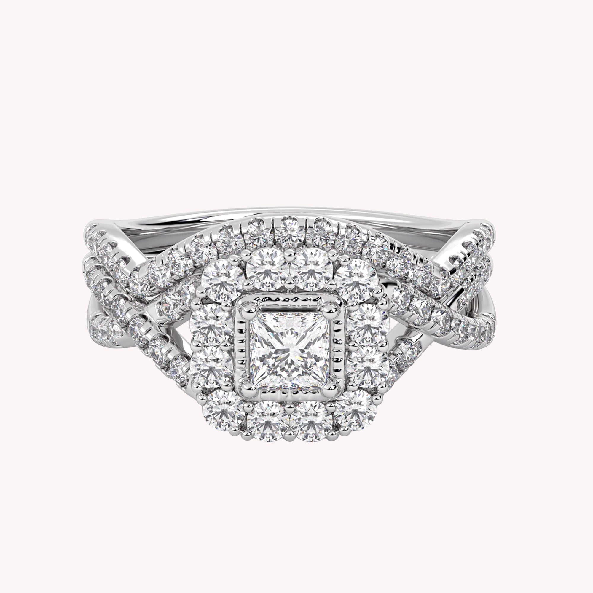 Princess and Round Lab Grown Diamond Three Stone Halo Bridal Set Ring - 1.00 CTW