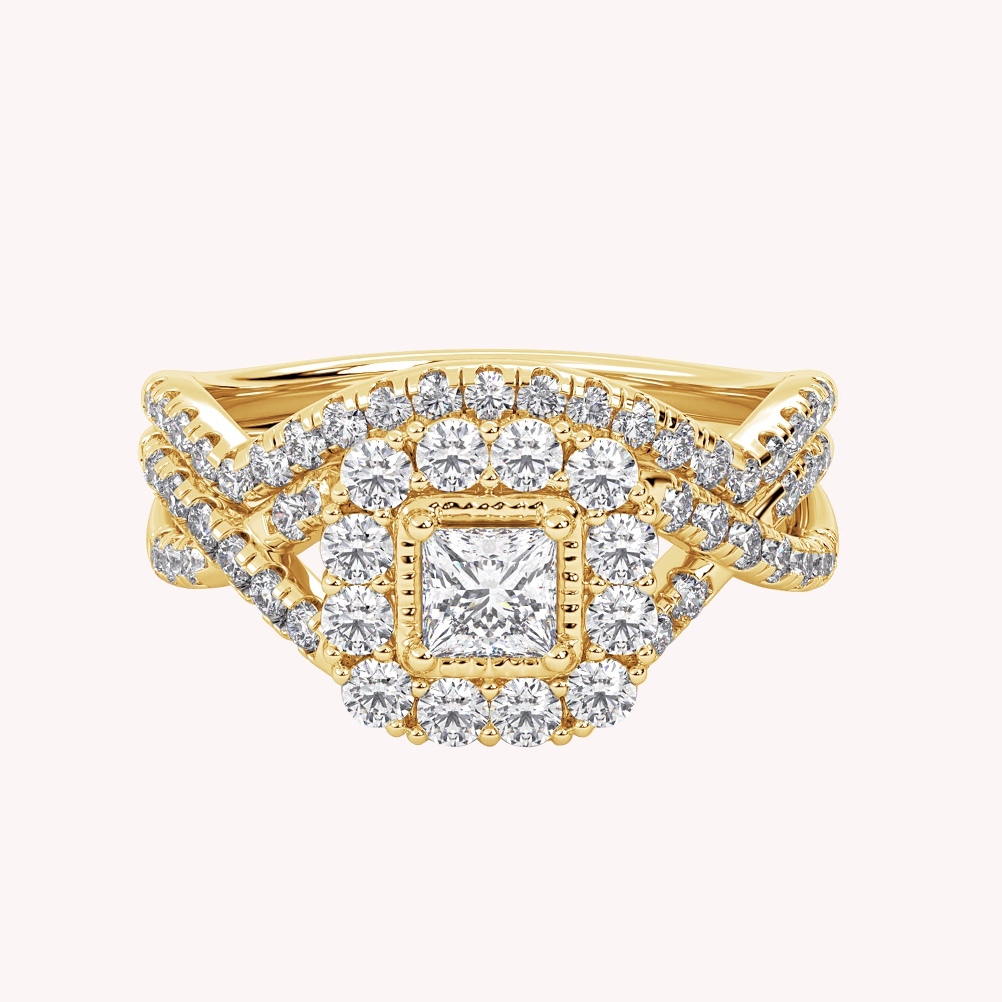 Princess and Round Lab Grown Diamond Three Stone Halo Bridal Set Ring - 1.00 CTW