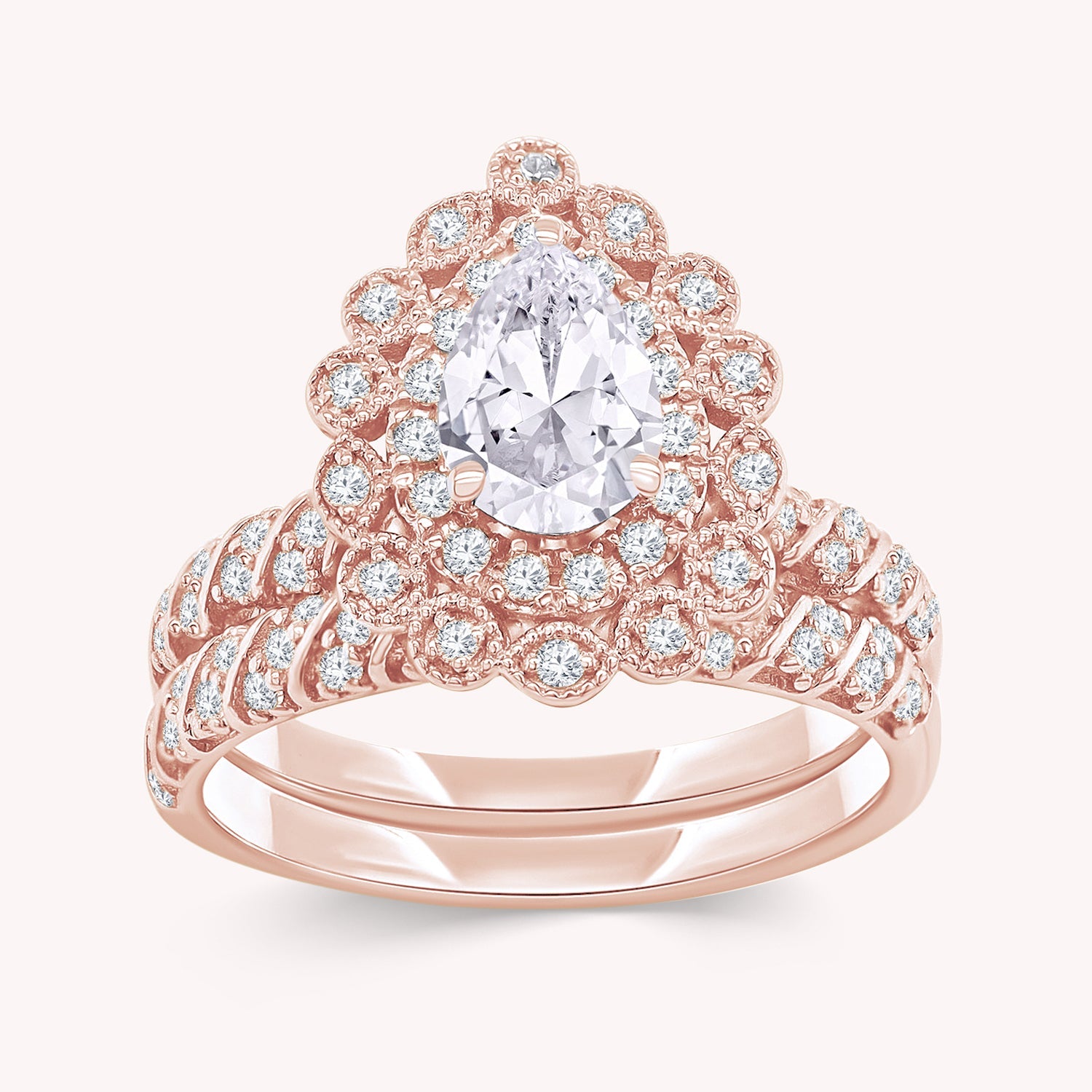 Pear and Round Shape Lab Grown Diamond Teardrop Double Halo Bridal Set Ring - 1.00 CTW