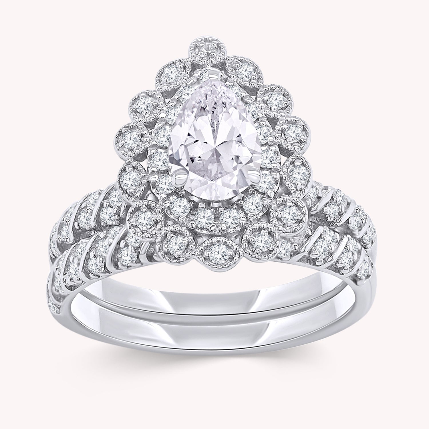 Pear and Round Shape Lab Grown Diamond Teardrop Double Halo Bridal Set Ring - 1.00 CTW