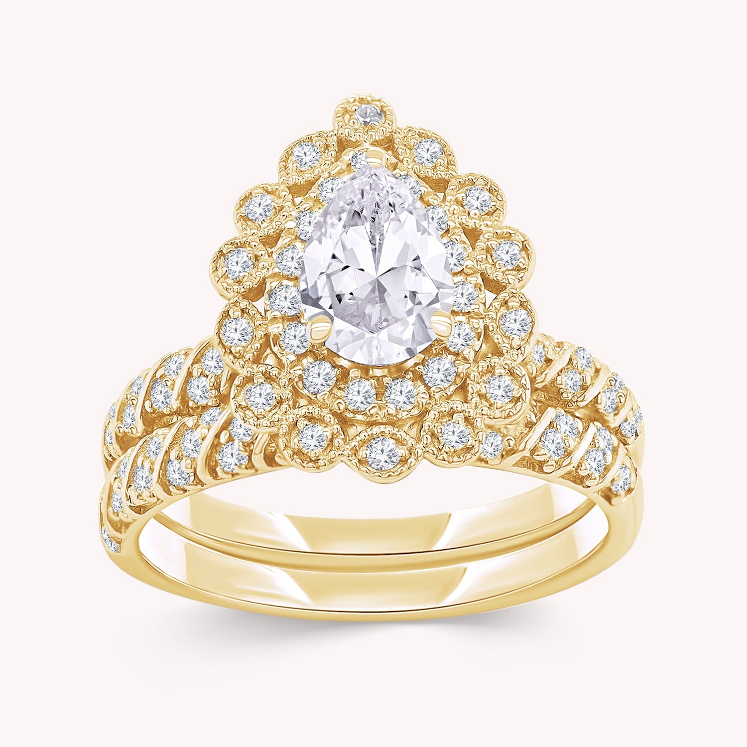 Pear and Round Shape Lab Grown Diamond Teardrop Double Halo Bridal Set Ring - 1.00 CTW