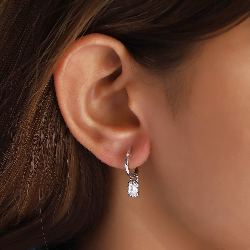 Emerald Cut Lab Grown Diamond Two Tone Drop Huggie Hoop Earrings