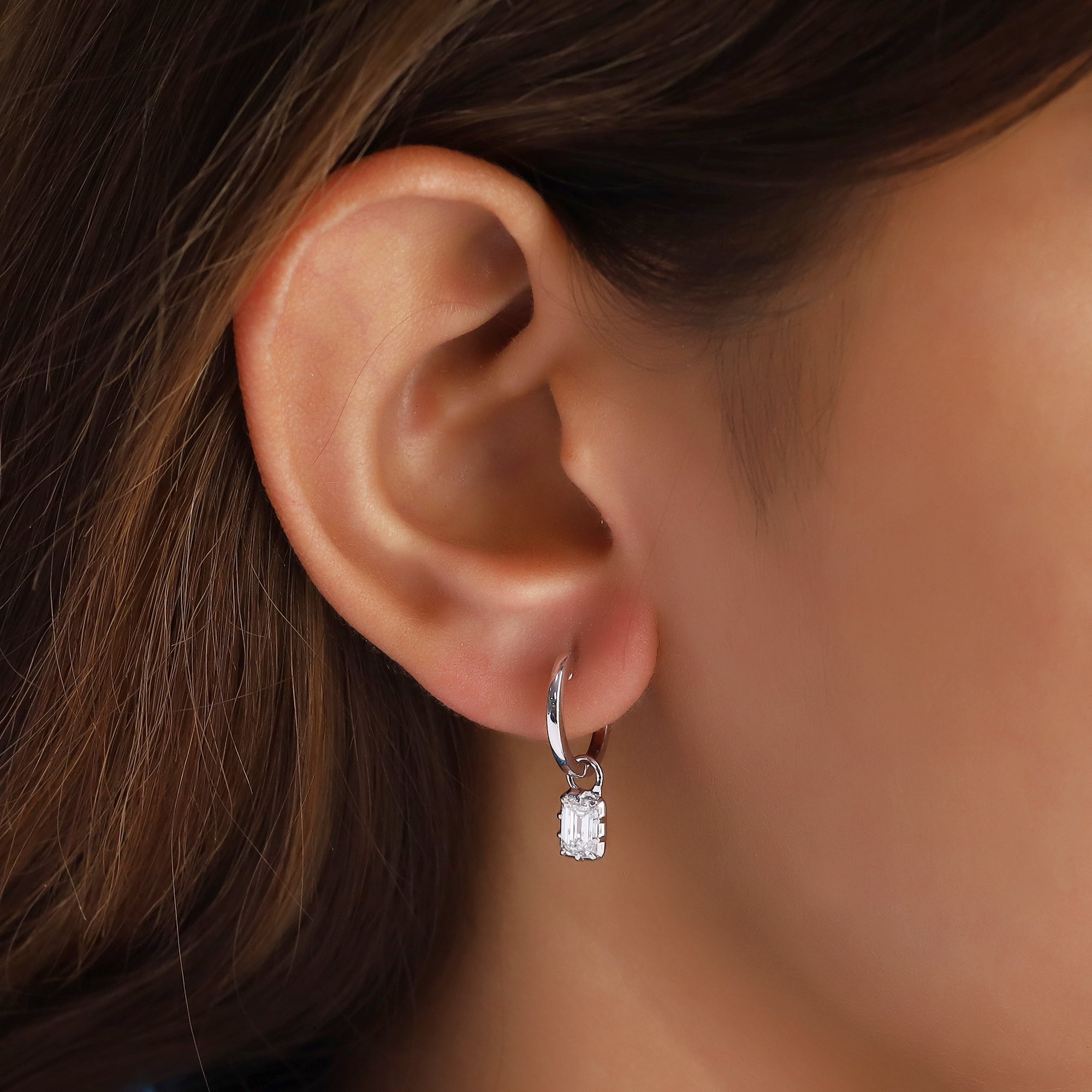Emerald Cut Lab Grown Diamond Two Tone Drop Huggie Hoop Earrings