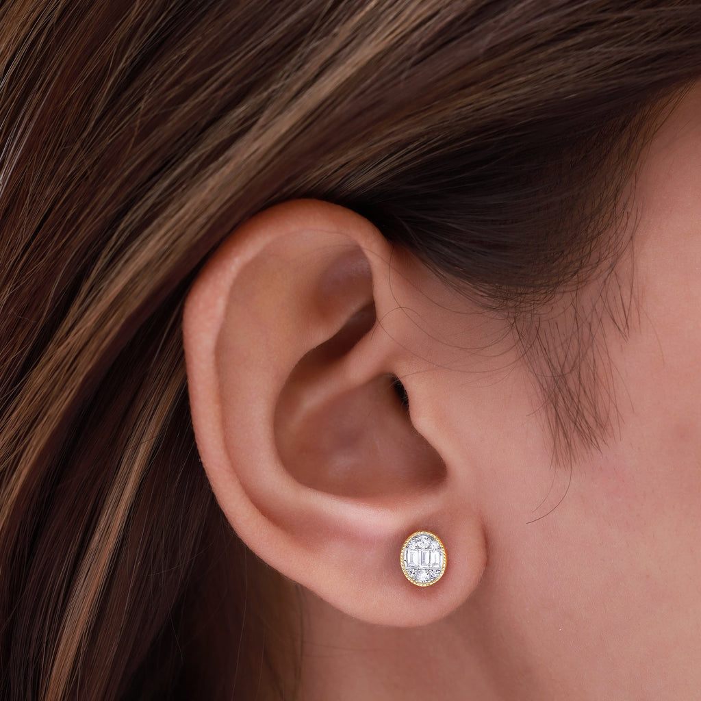 Oval-Shaped Lab Grown Round & Baguette Stud Earrings