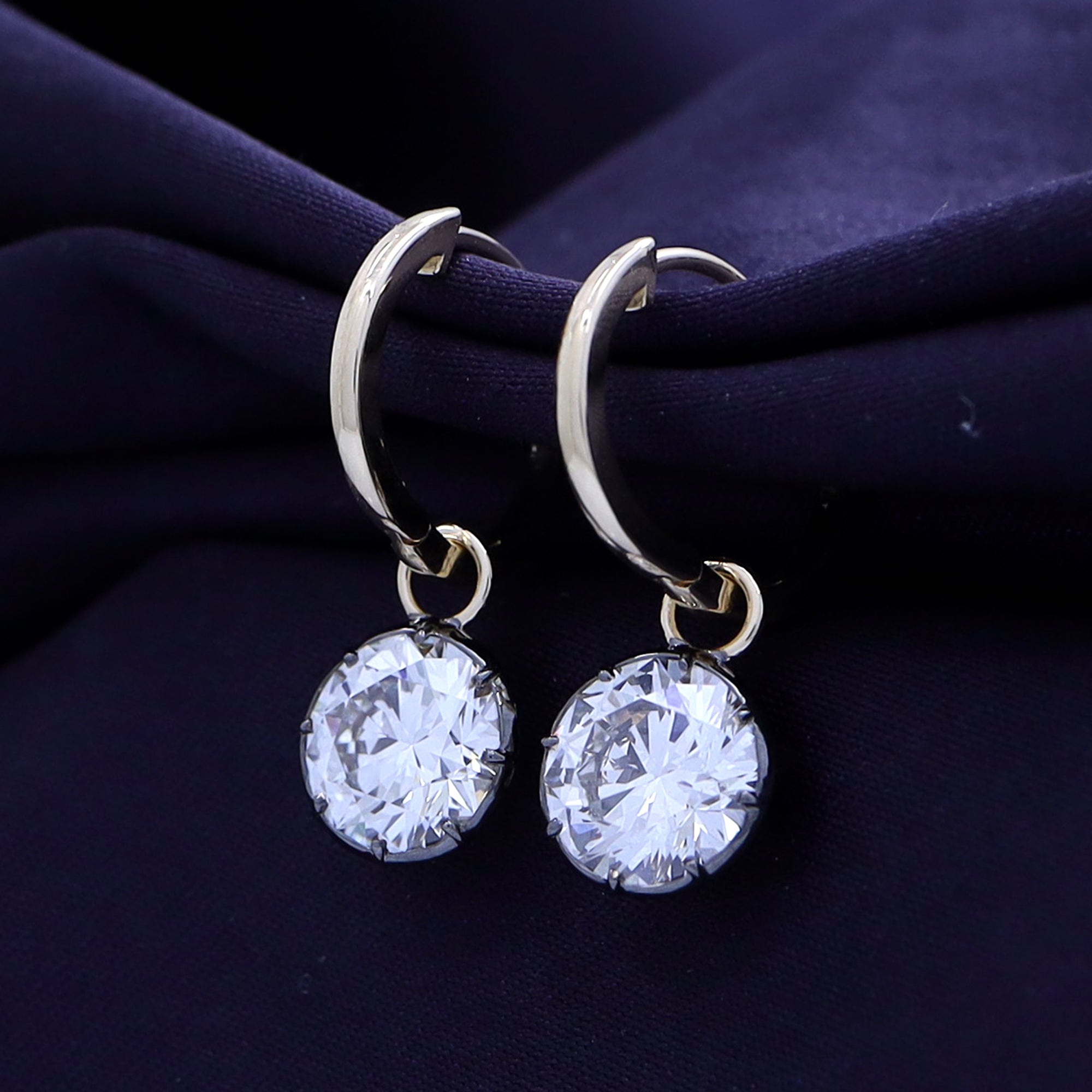 Huggie Earrings For Women, Round Shape Lab Grown Diamond Two Tone Huggie Earring