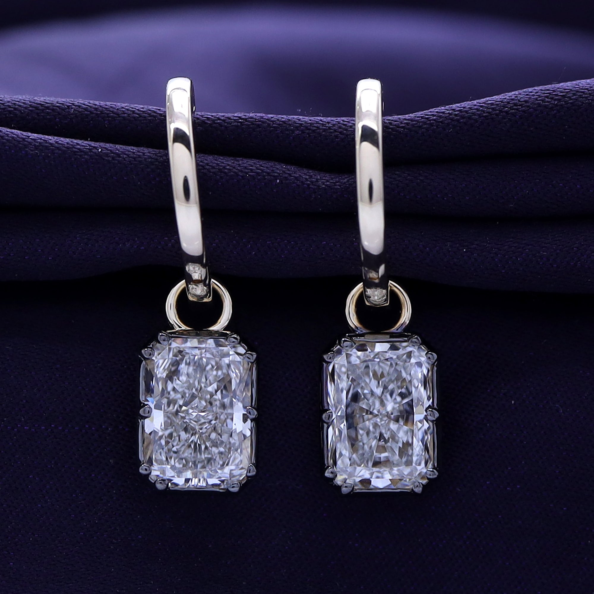 Huggie Earrings For Women, Emerald Shape Lab Grown Diamond Two Tone Huggie Earring