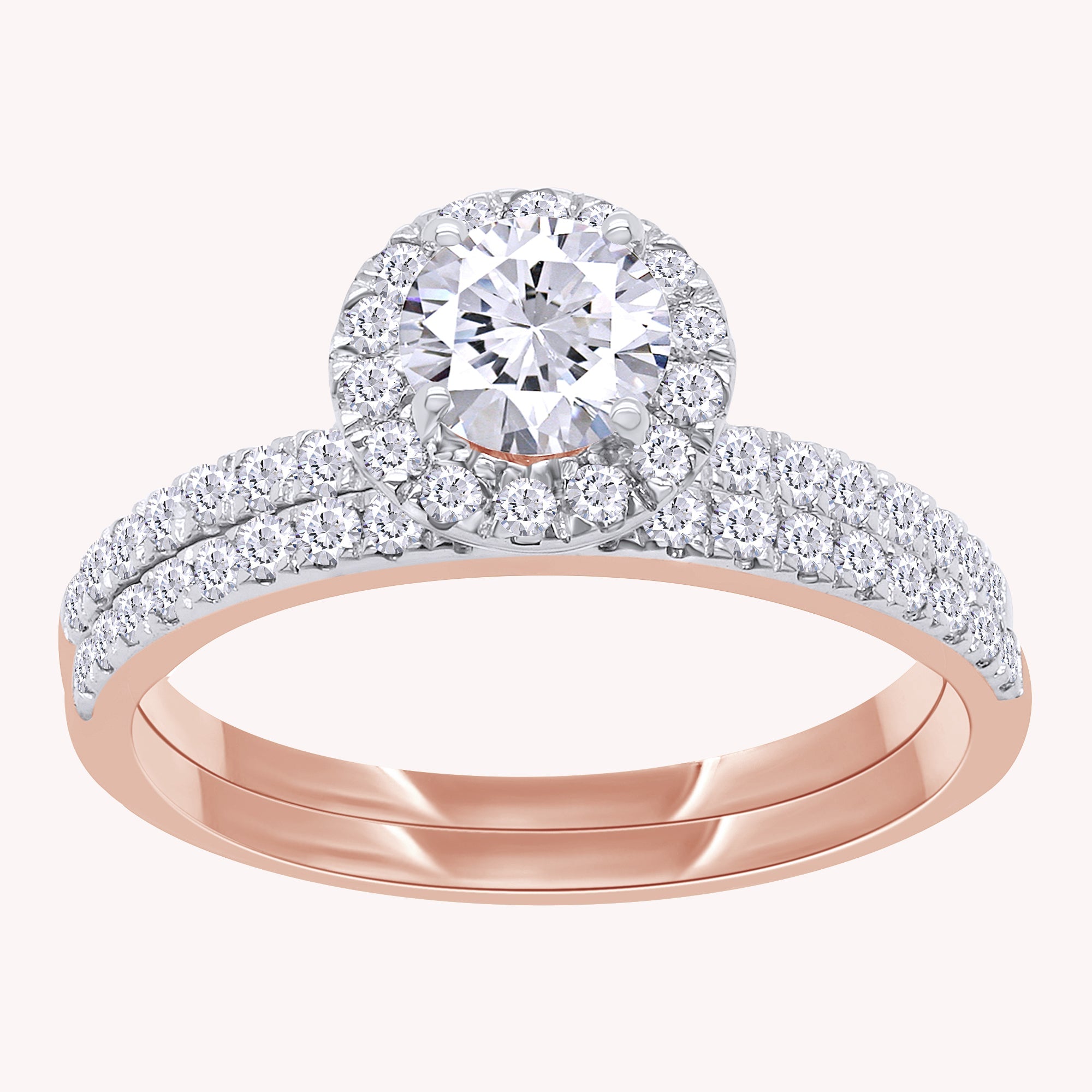 Round Shape Lab Grown Diamond Double Halo Side-Stone Bridal Set Ring - 1.00 CTW