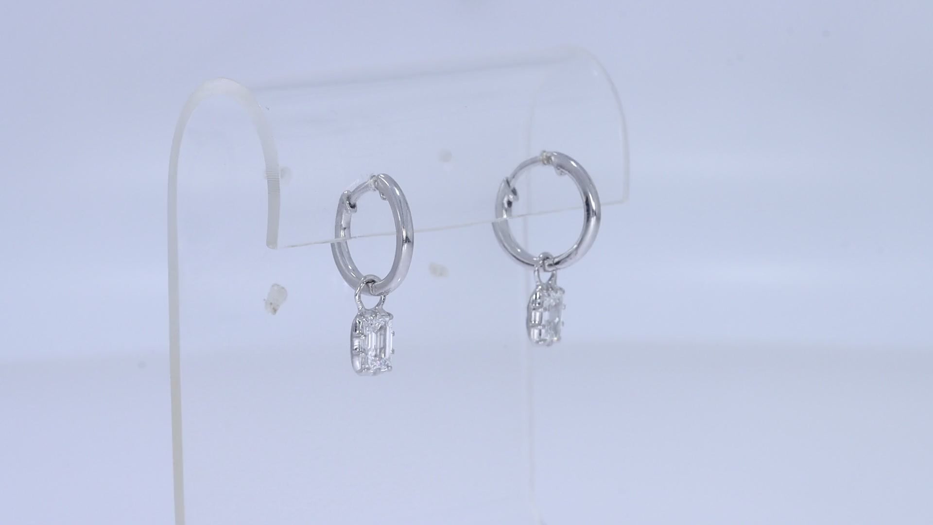 Emerald Cut Lab Grown Diamond Two Tone Drop Huggie Hoop Earrings